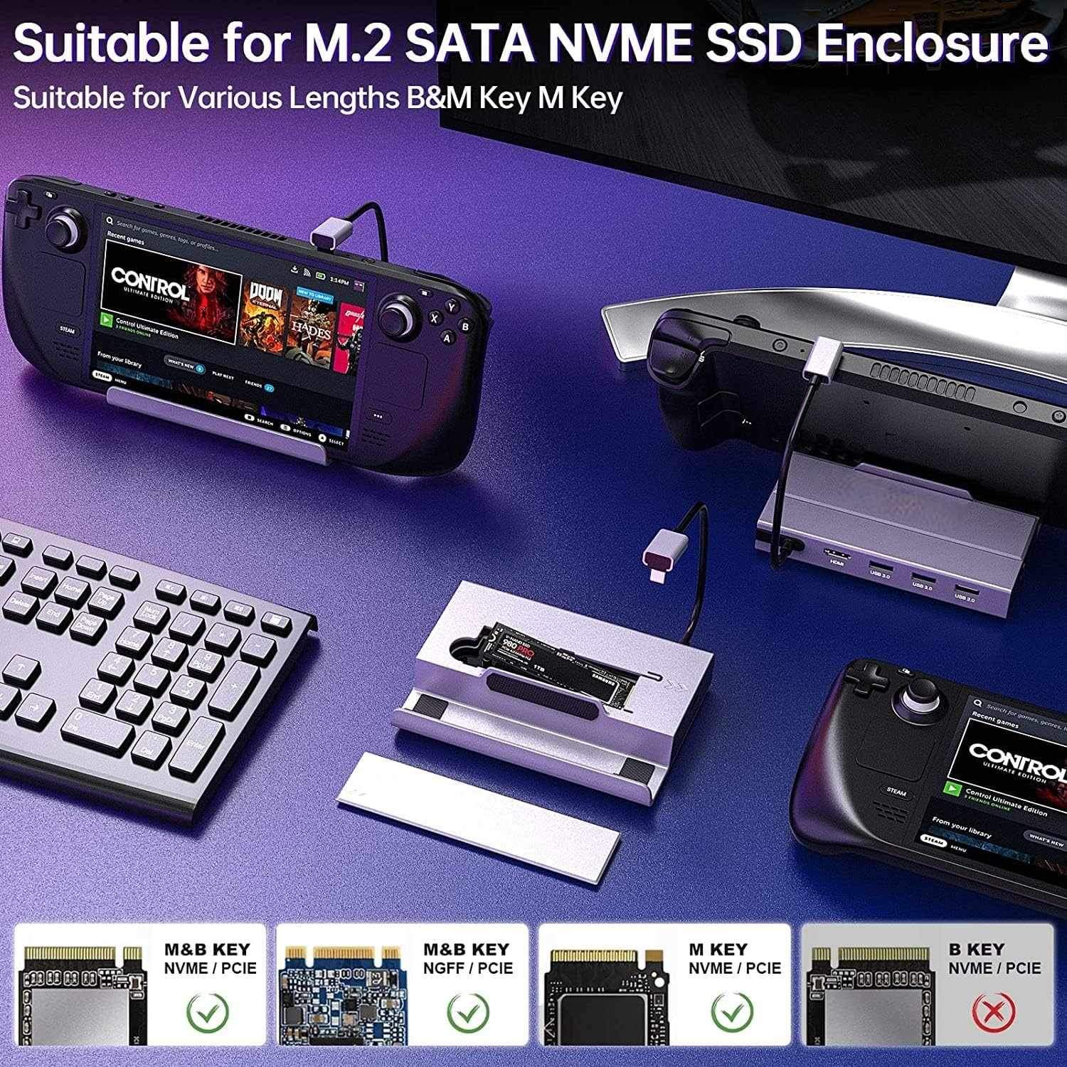 NÖRDIC Steam Deck dockningsstation 1 till 7 - 1xHDMI 2.0 (4K60Hz), 1xM.2 SSD, 1xUSB-C PD 100W, 2xUSB-A 3.0, 1xUSB-A 2.0, 1xGigabit Ethernet