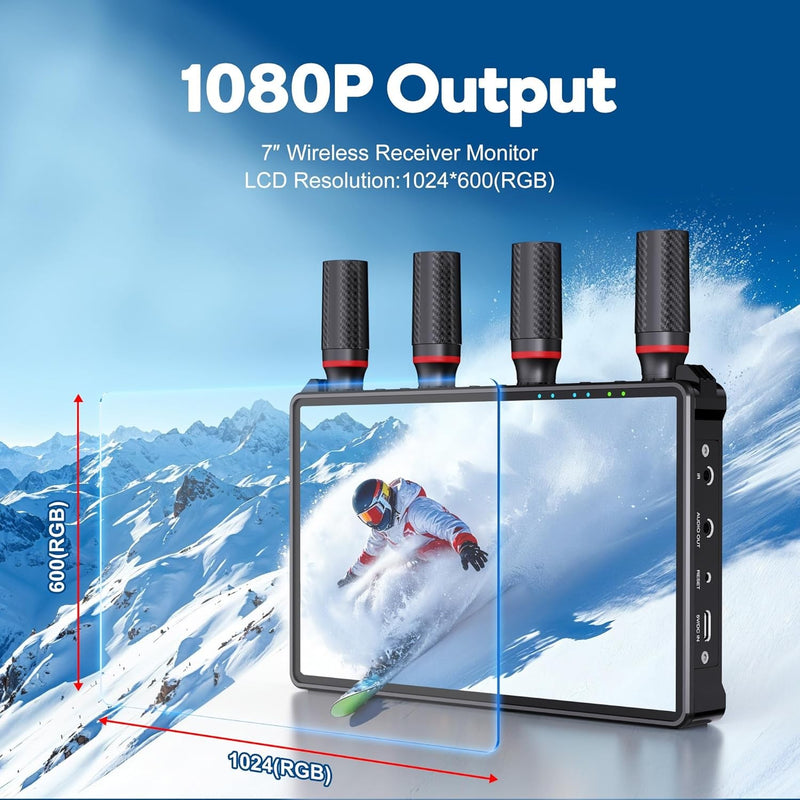 NÖRDIC Trådlös Portabel 7" skärm, video sändare och mottagare, 2.4G/5.0G, 4k HDMI INPUT / 1080p OUTPUT, 400m