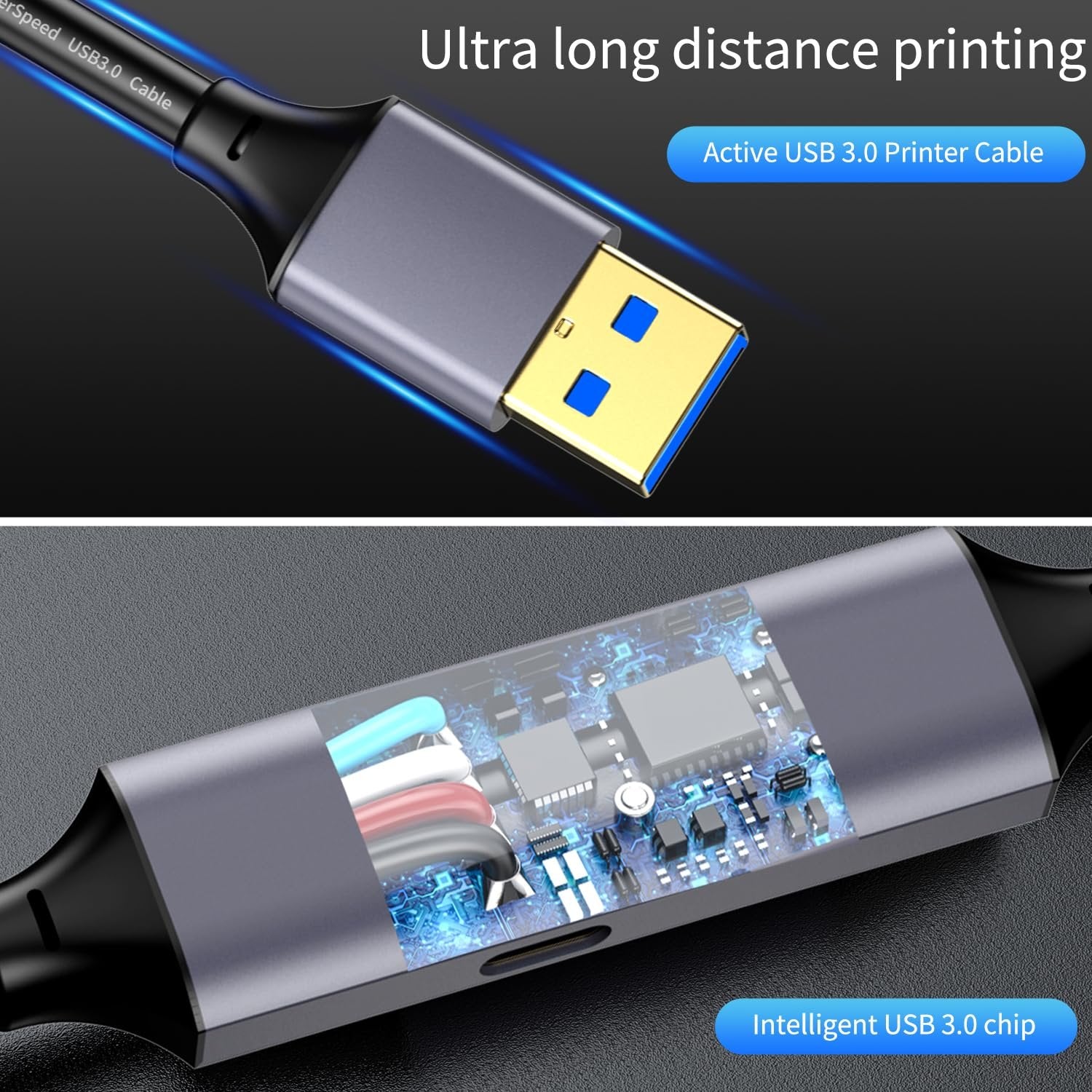 NÖRDIC USB 3.0 Aktiv Skrivarkabel - 10m USB A till USB B 3.0 Kompatibel med skrivare, konferenskamera, dockningsstation, hårddisk och mer