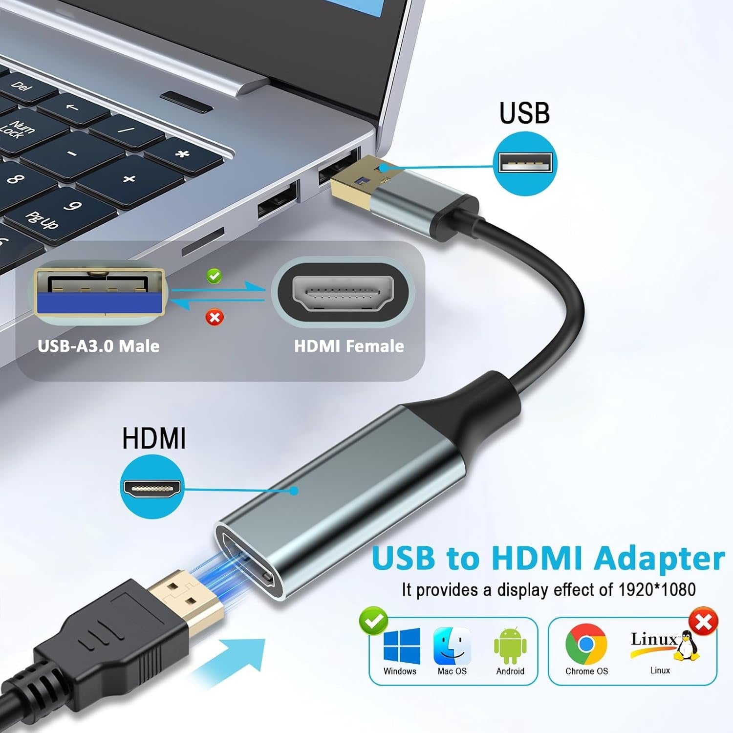 NÖRDIC USB3.0 till HDMI omvandlare 1080P 60Hz