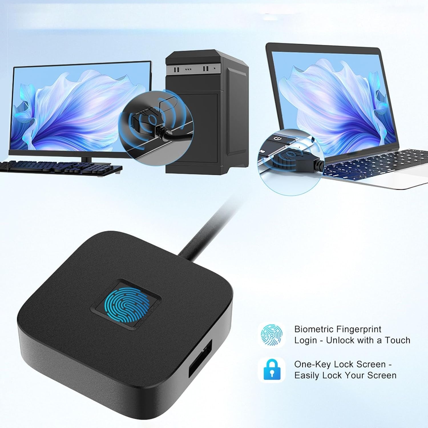 NÖRDIC USB A+C Fingeravtrycksläsare för Windows 10/11, Snabb matchande biometrisk fingeravtrycksläsare