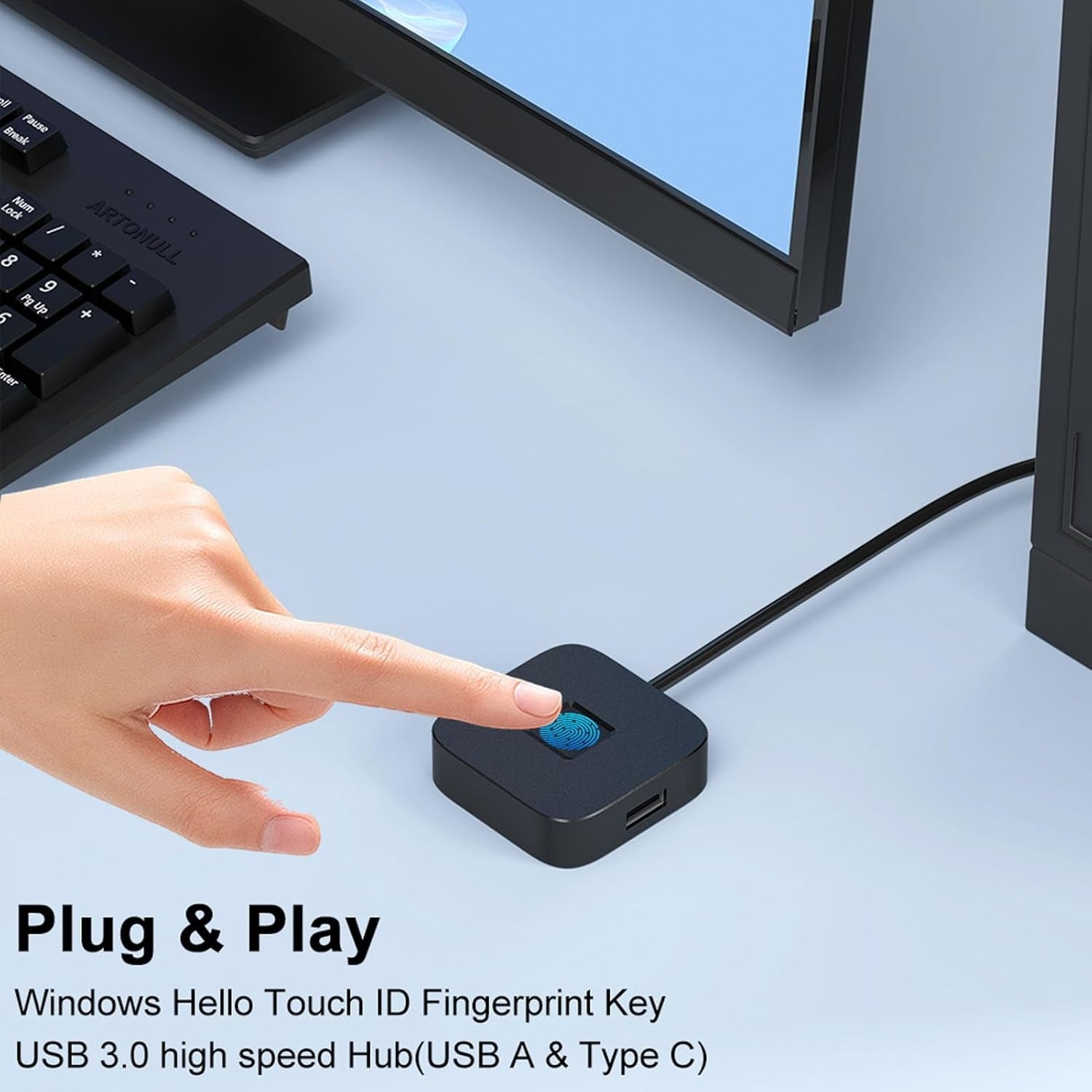 NÖRDIC USB A+C Fingeravtrycksläsare för Windows 10/11, Snabb matchande biometrisk fingeravtrycksläsare