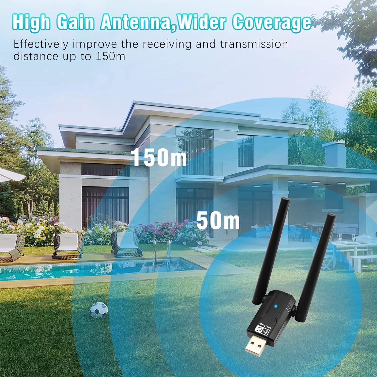 NÖRDIC USB-A långdistans Bluetooth 5.4 adapter med 150 meter räckvidd