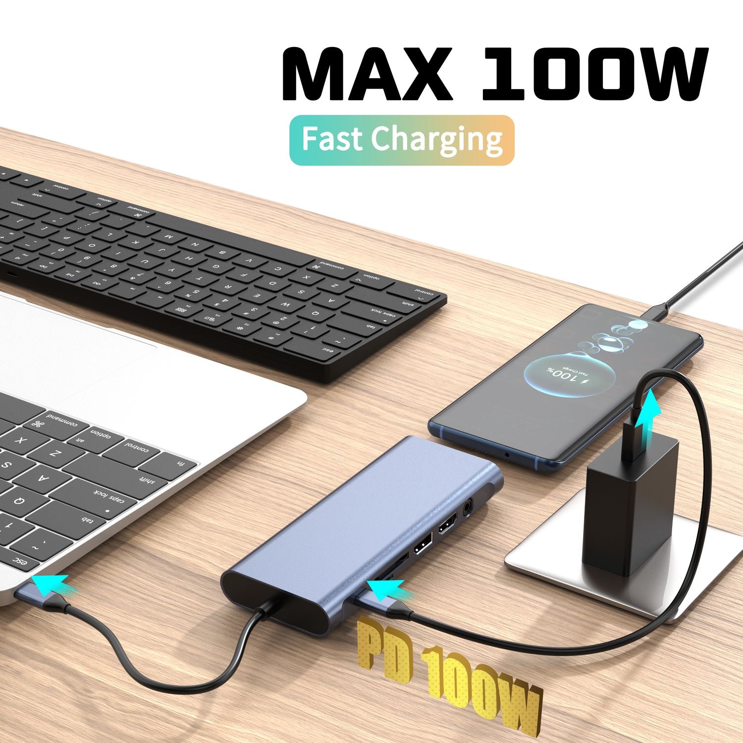 NÖRDIC USB-C 1 till 14 Dockningsstation Trippla skärmar, 2xHDMI, 1xDP, 1xUSB-C PD 100W, 2xUSB-C, 4xUSB-A, med Ethernet