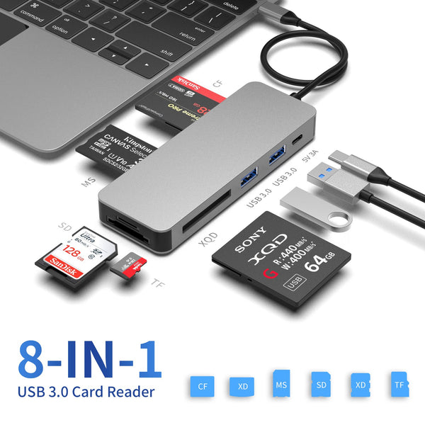 NÖRDIC USB-C 8ports Card Reader 1xSD3.0 1xMicroSD3.0  1xCF 3.0 1xMS3.0 1xXCD3.0 2xUSB-A 5G 1xUSB-C 15W