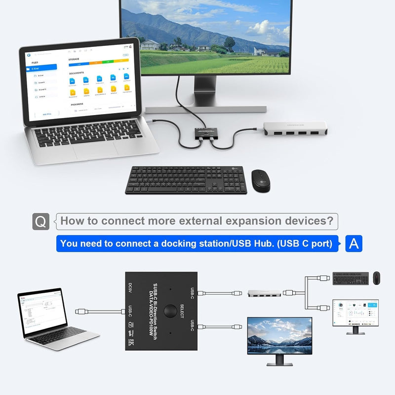 NÖRDIC USB-C 2 till 1 Switch & 1 till 2 Splitter, 8K/60Hz 4K/144Hz 100WPD 10Gbps Data+Video+PD