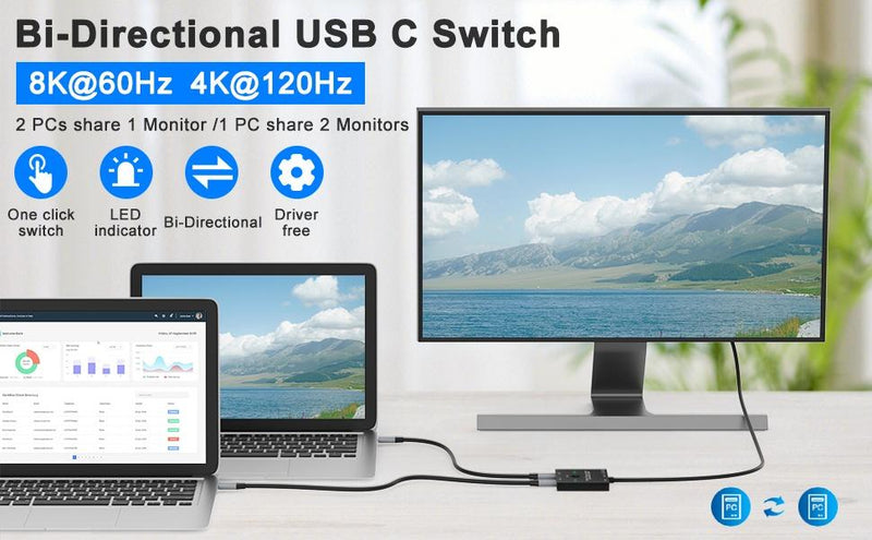 NÖRDIC USB-C 2 till 1 Switch & 1 till 2 Splitter, 8K/60Hz 4K/144Hz 100WPD 10Gbps Data+Video+PD