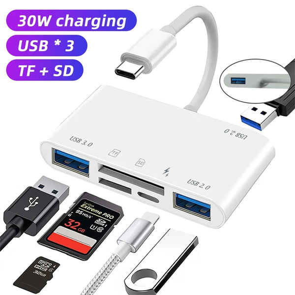 NÖRDIC USB-C Kortläsare 2 Slot SD, MicroSD 3xUSB-A 1xUSB-C Laddning 30W UHS-I