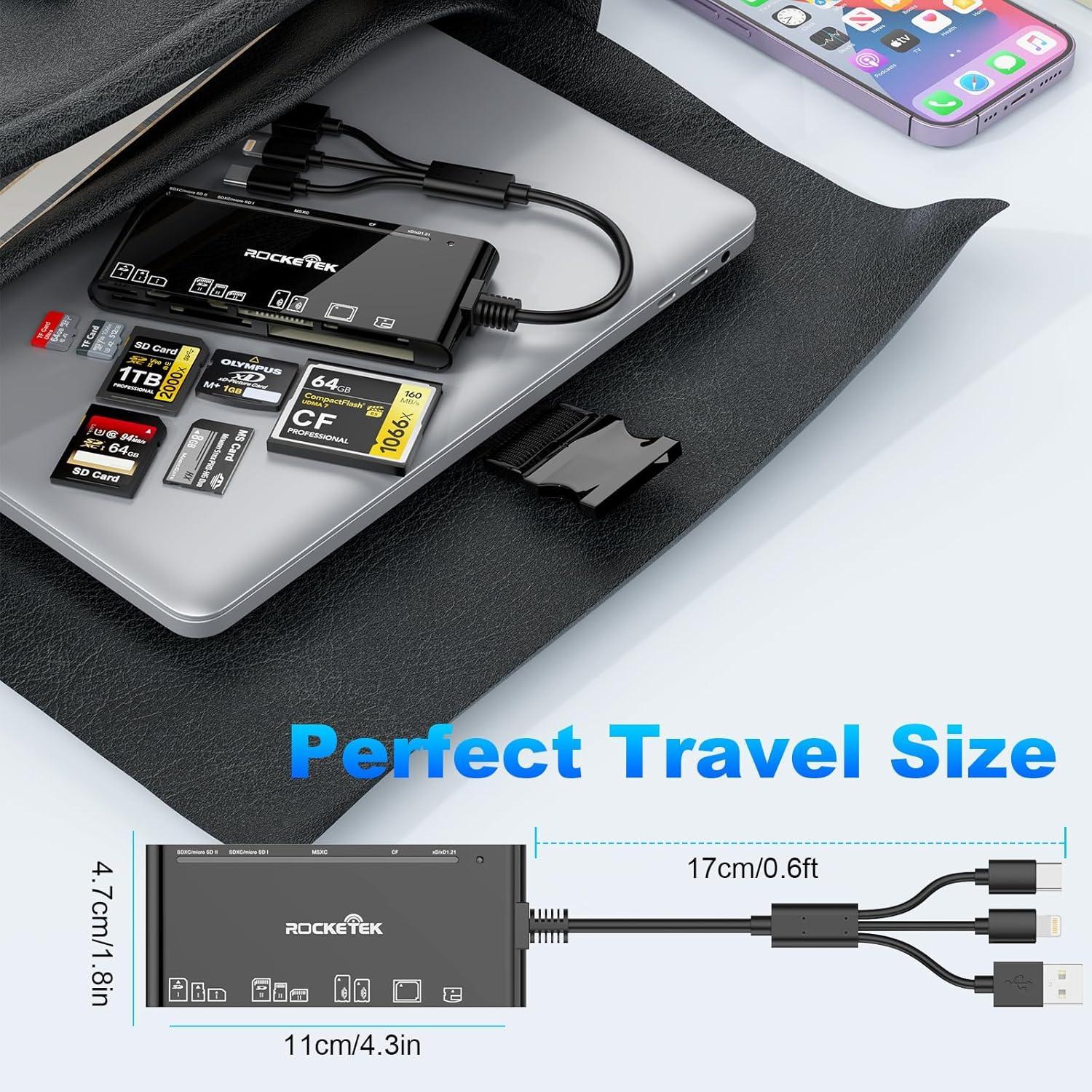 NÖRDIC USB-A, USB-C, Lightning USB3.0 Multi-Kortläsare 7 Slot 1xCF, 2xSD, 2xMicroSD, 1xMS, 1xXD UHS-I