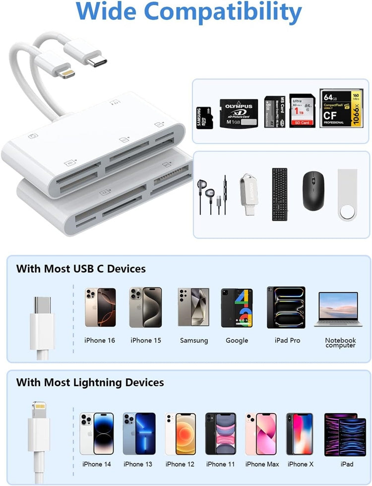 NÖRDIC USB-C/Lightning Kortläsare 5 Slot CF, SD, MicroSD, MS, XD 1xUSB-A 1xUSB-C UHS-I