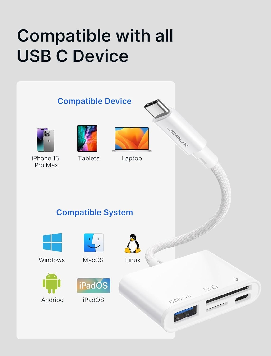 NÖRDIC USB-C Kortläsare 2 Slot SD, MicroSD 1xUSB-A 1xUSB-C UHS-I