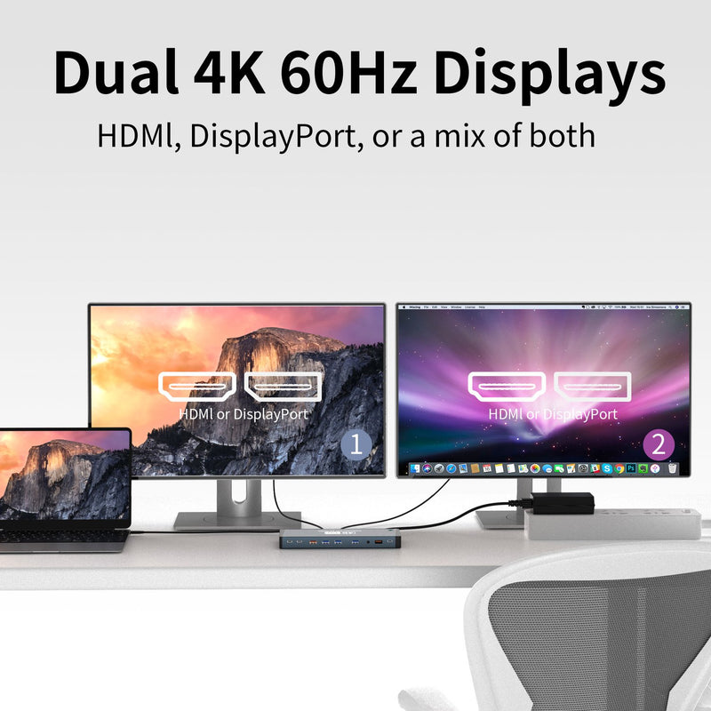 NÖRDIC USB-C docking station Display Link 1 to 17 Dual monitor 3xUSB 10G 2xUSB 5G 1xGigaLan