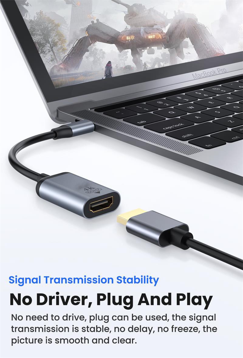 10 cm USB-C till HDMI-adapter med stöd för 4K 60Hz, HDCP 1.4/2.2 och aluminiumhölje.