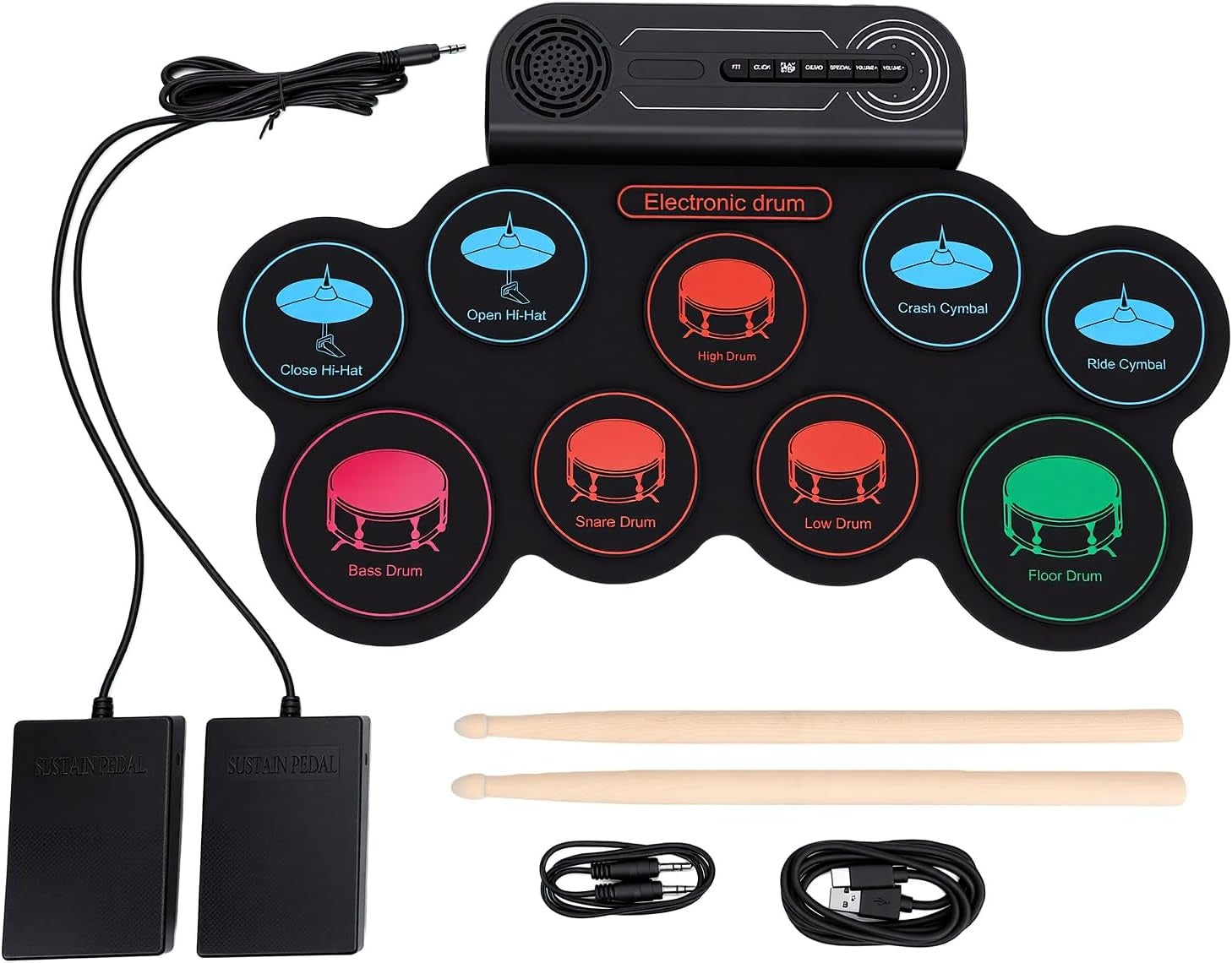 NÖRDIC USB MIDI Electronic Portable Drum Roll Up Pad 9 Pad  Built in Speaker Headphone Jack Dual Pedals