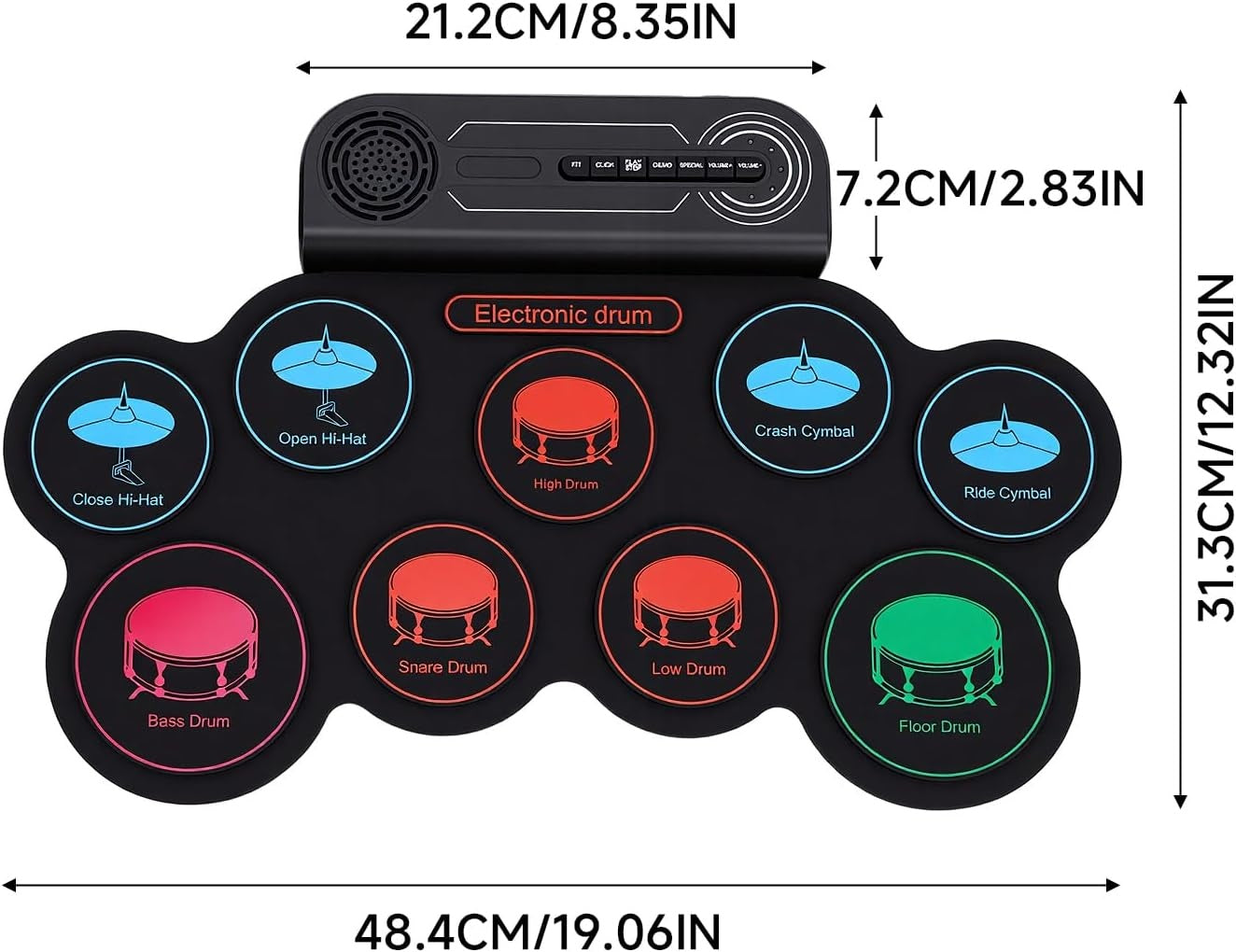 NÖRDIC USB MIDI Electronic Portable Drum Roll Up Pad 9 Pad  Built in Speaker Headphone Jack Dual Pedals