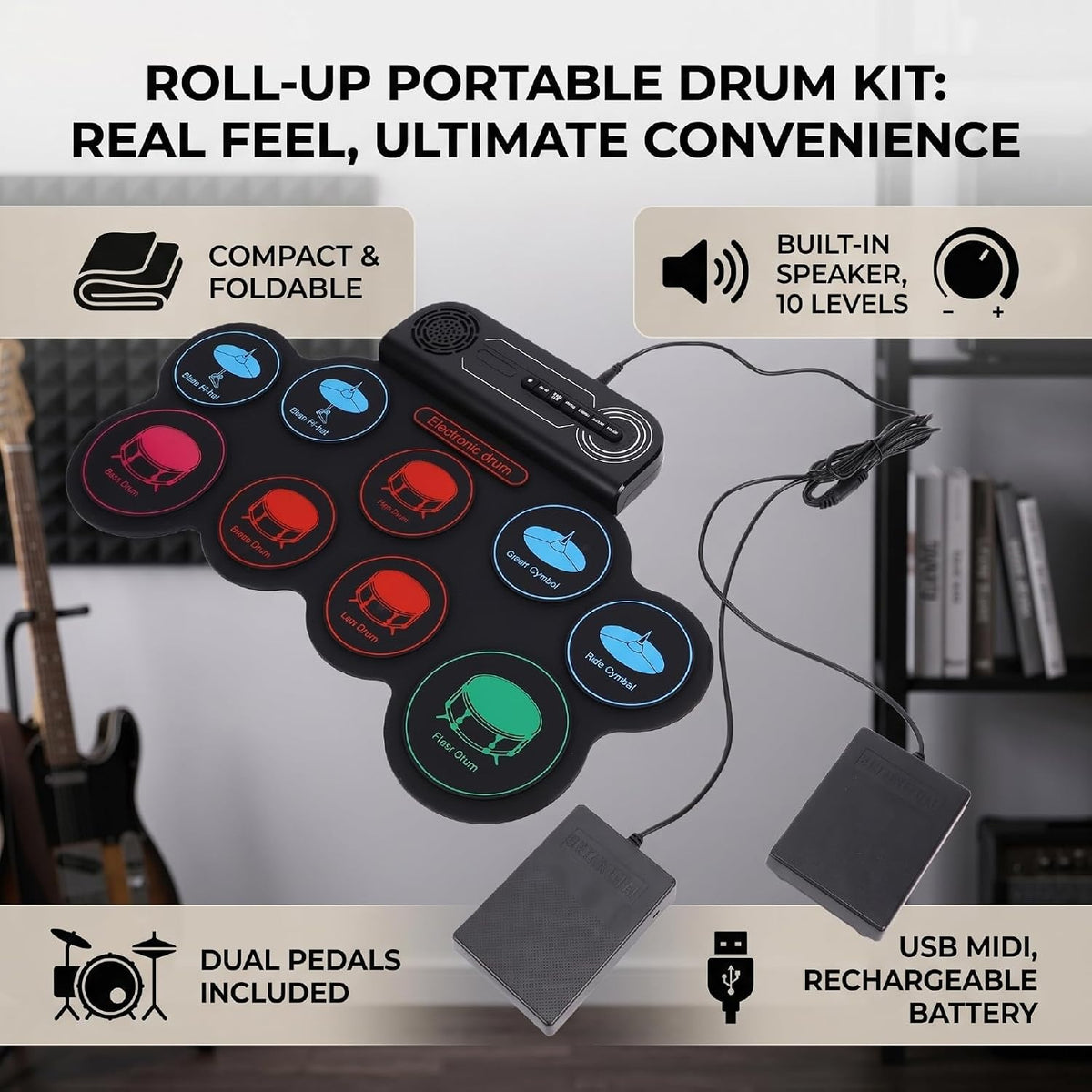 NÖRDIC USB MIDI Electronic Portable Drum Roll Up Pad 9 Pad  Built in Speaker Headphone Jack Dual Pedals