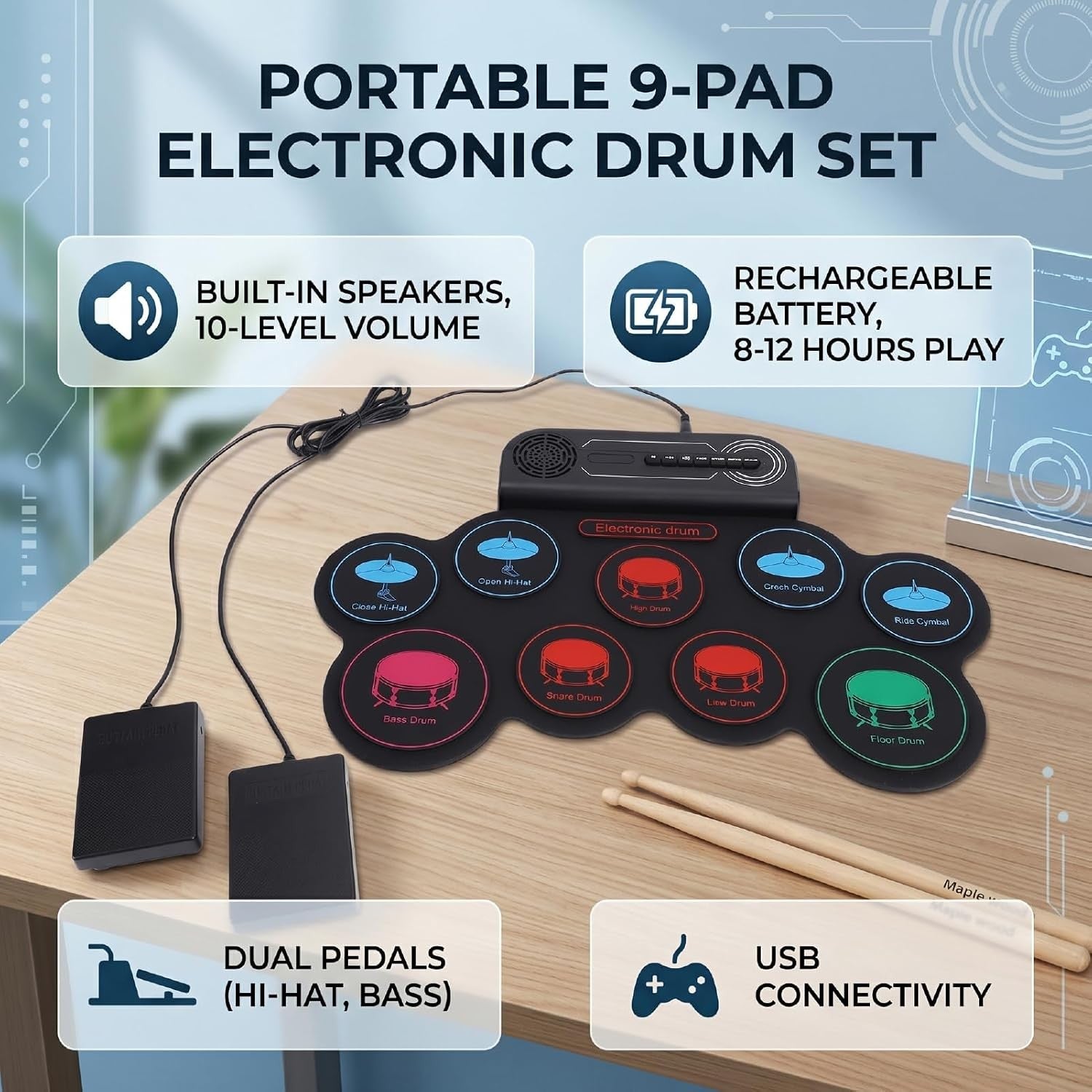 NÖRDIC USB MIDI Electronic Portable Drum Roll Up Pad 9 Pad  Built in Speaker Headphone Jack Dual Pedals