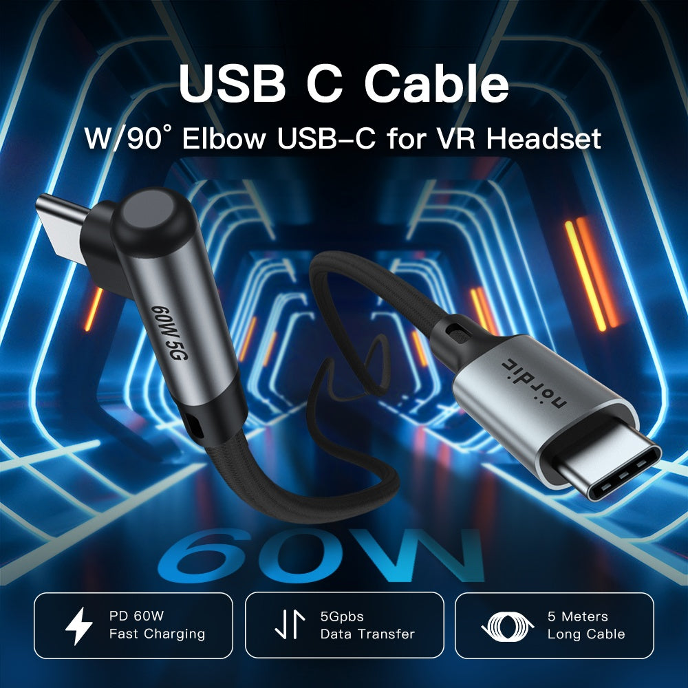 5 m USB-C till USB-C VR Link-kabel med 20Gbps, 100W laddning och 4K 60Hz för Quest 2 och andra VR-headset.