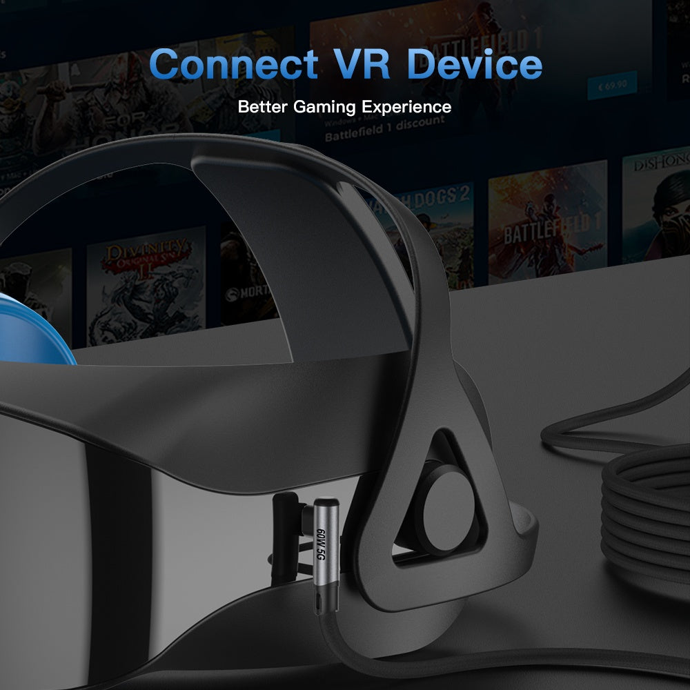 NÖRDIC VR Link kabel 5m USB3.2 Gen1 USB-C till C 20Gbps 100W 4K60Hz snabb laddning Quest 2 Super Speed USB Link-kabel Svart