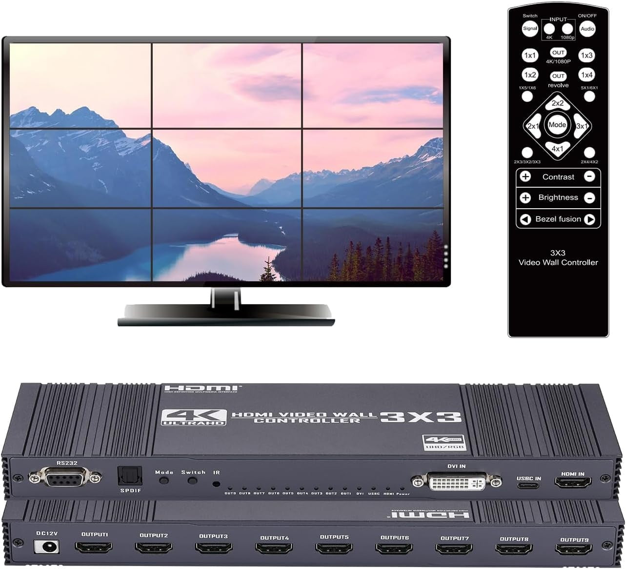 NÖRDIC Video Wall Controller 3x3, TV-väggprocessor, 4K@30Hz HDMI multi-skärm skarvningsprocessor med HDMI + DVI + USB-C ingång