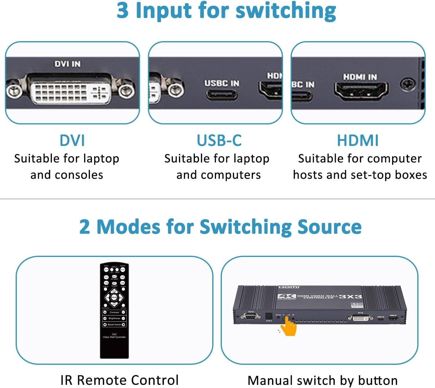 NÖRDIC Video Wall Controller 3x3, TV-väggprocessor, 4K@30Hz HDMI multi-skärm skarvningsprocessor med HDMI + DVI + USB-C ingång