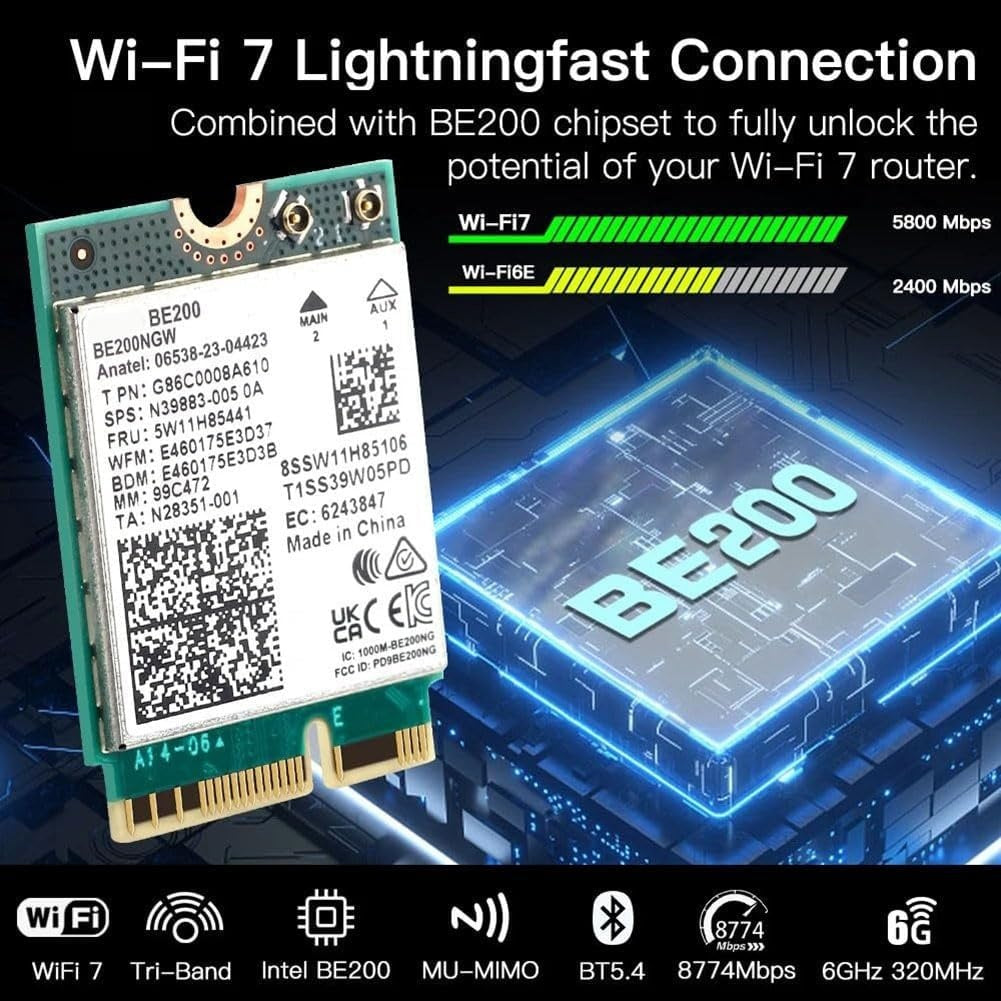 NÖRDIC WiFi 7 PCIe x1 trådlöst nätverkskort med Intel BE200-chipset, 8800 Mbps, Bluetooth 5.4