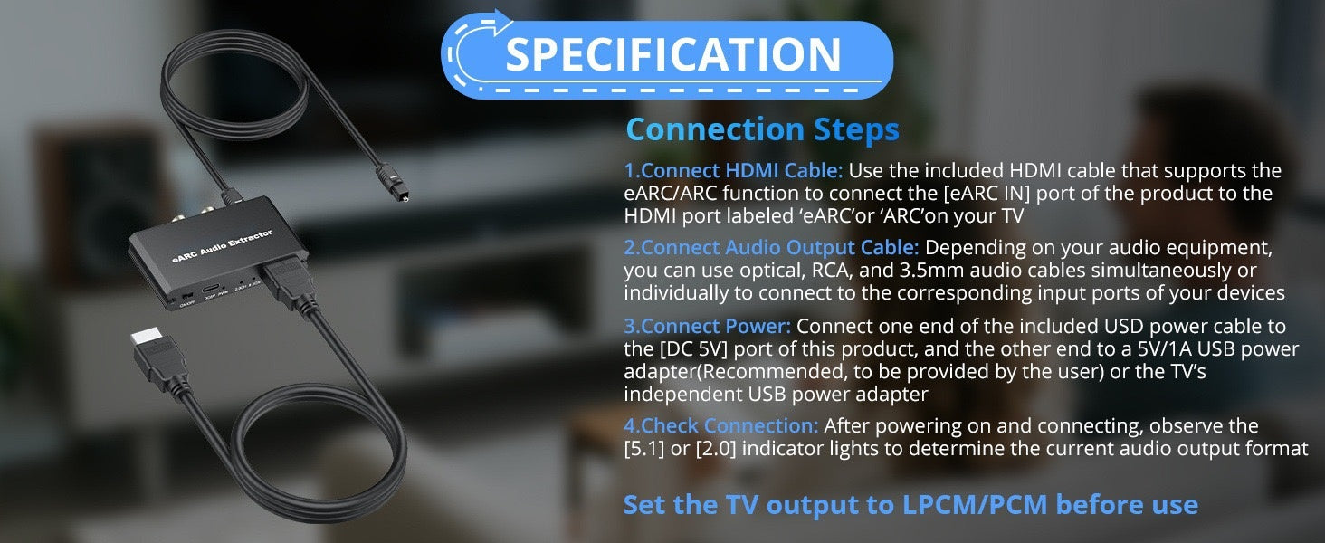 NÖRDIC eARC/ARC to Optical and RCA Audio Extractor, Supports 5.1/2.0 Channel Sound with Power Indicator