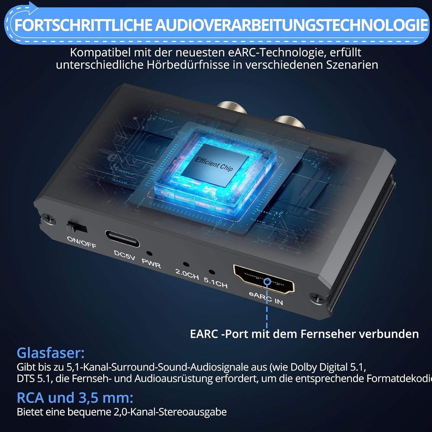 NÖRDIC eARC/ARC to Optical and RCA Audio Extractor, Supports 5.1/2.0 Channel Sound with Power Indicator