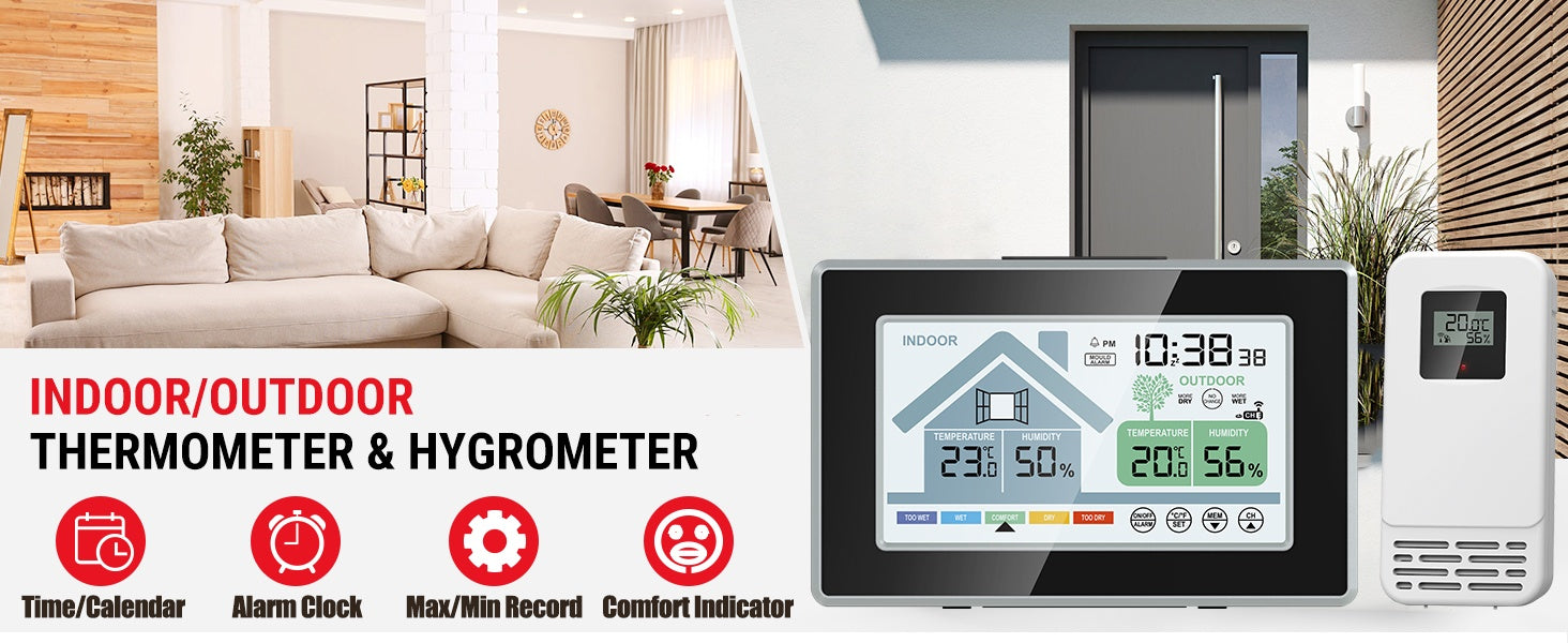 NÖRDIC Trådlös Multifunktionell termometer och hygrometer för inom- och utomhusbruk med väckarklocka, kalender
