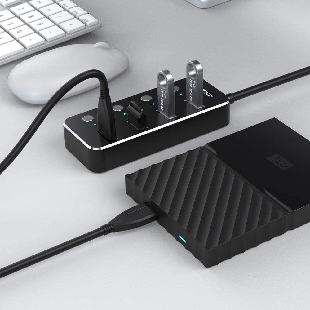 NÖRDIC powered 4-ports hubb USB 3.0 5Gbps med individuell switch 25cm kabel aluminium svart med nätdel