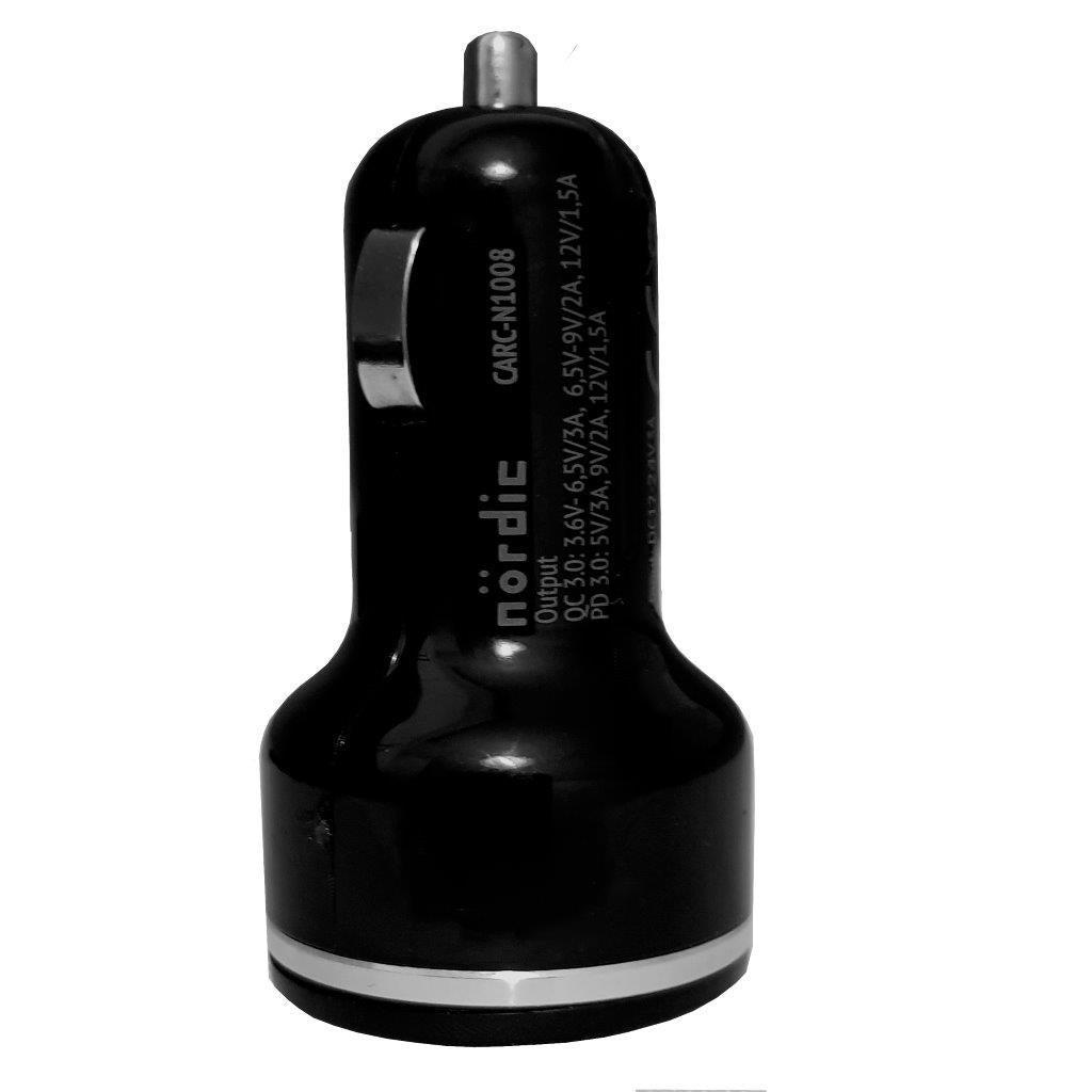 NÖRDIC snabb billaddare USB C Power Delivery 18W och USB A Quick Charger QC3.0 18WUSB Car charger Type C 18W+QC3.0 18W