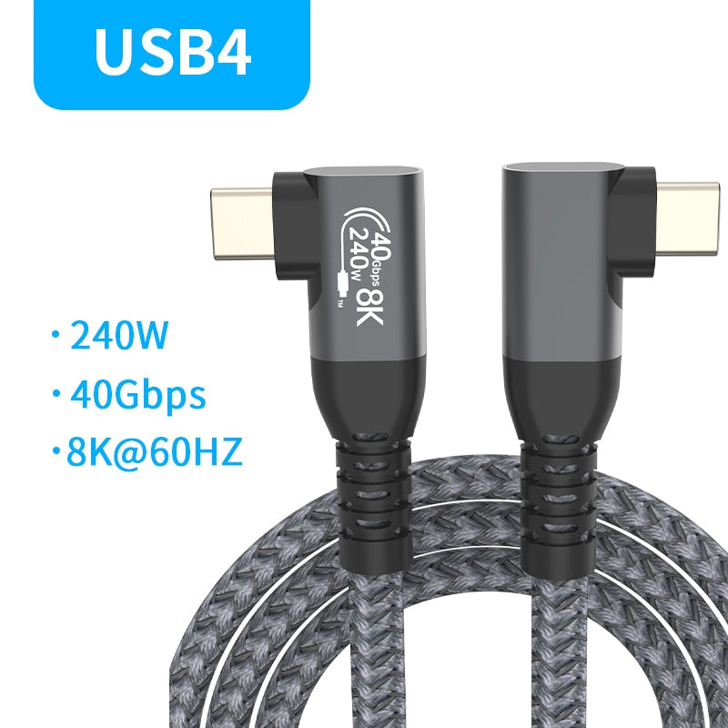 NÖRDIC vinklad 2m USB4 USB-C till C nylonflätad kabel PD3.1 240W 40G 8K60Hz 4K144Hz grå