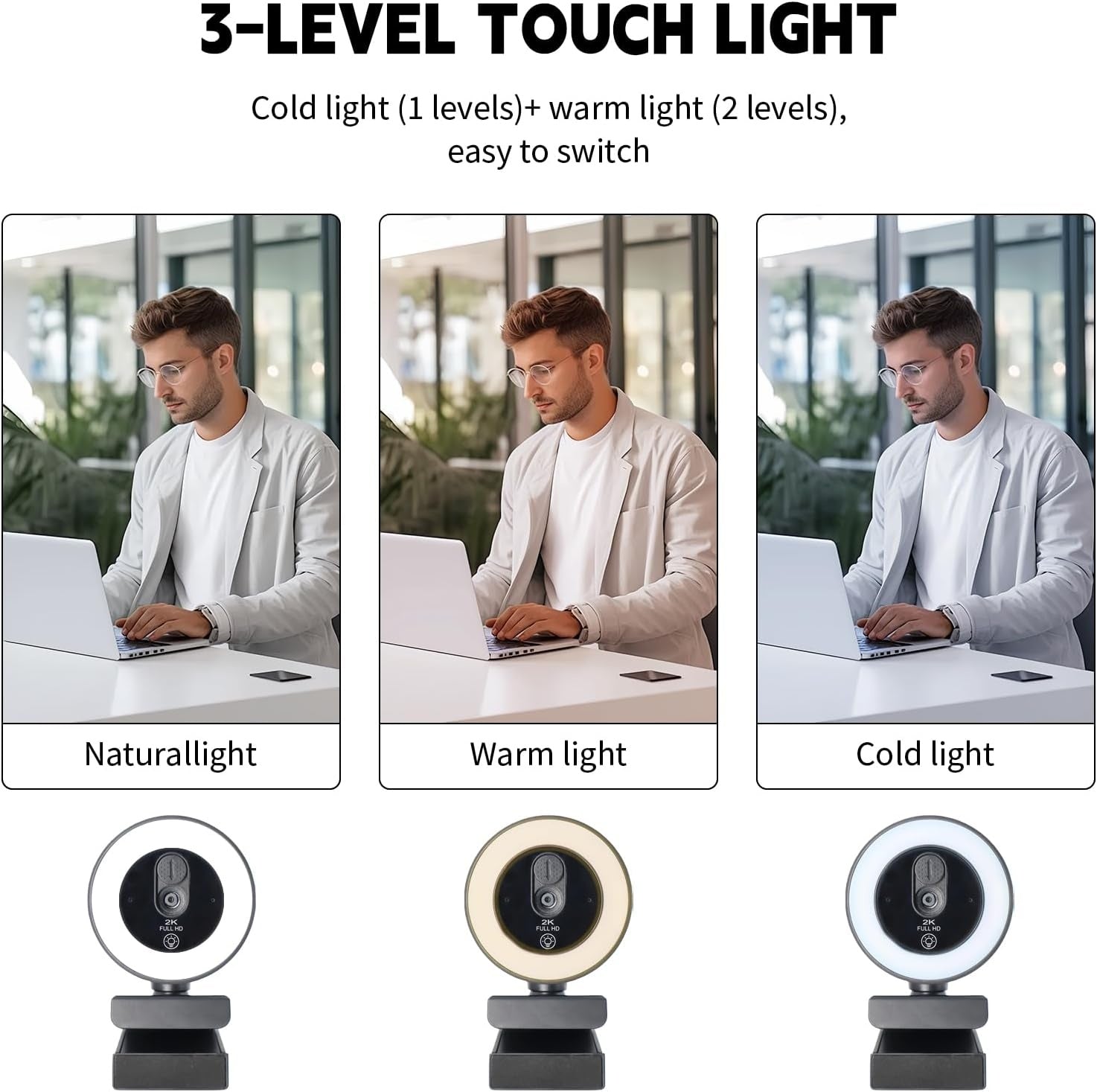 NÖRIDC HD 4K Webcam PC and Laptop, 360° Adjustable with Auto Focus, 3-Color Touch Lighting for Video Calls, Live Streaming and Remote Work