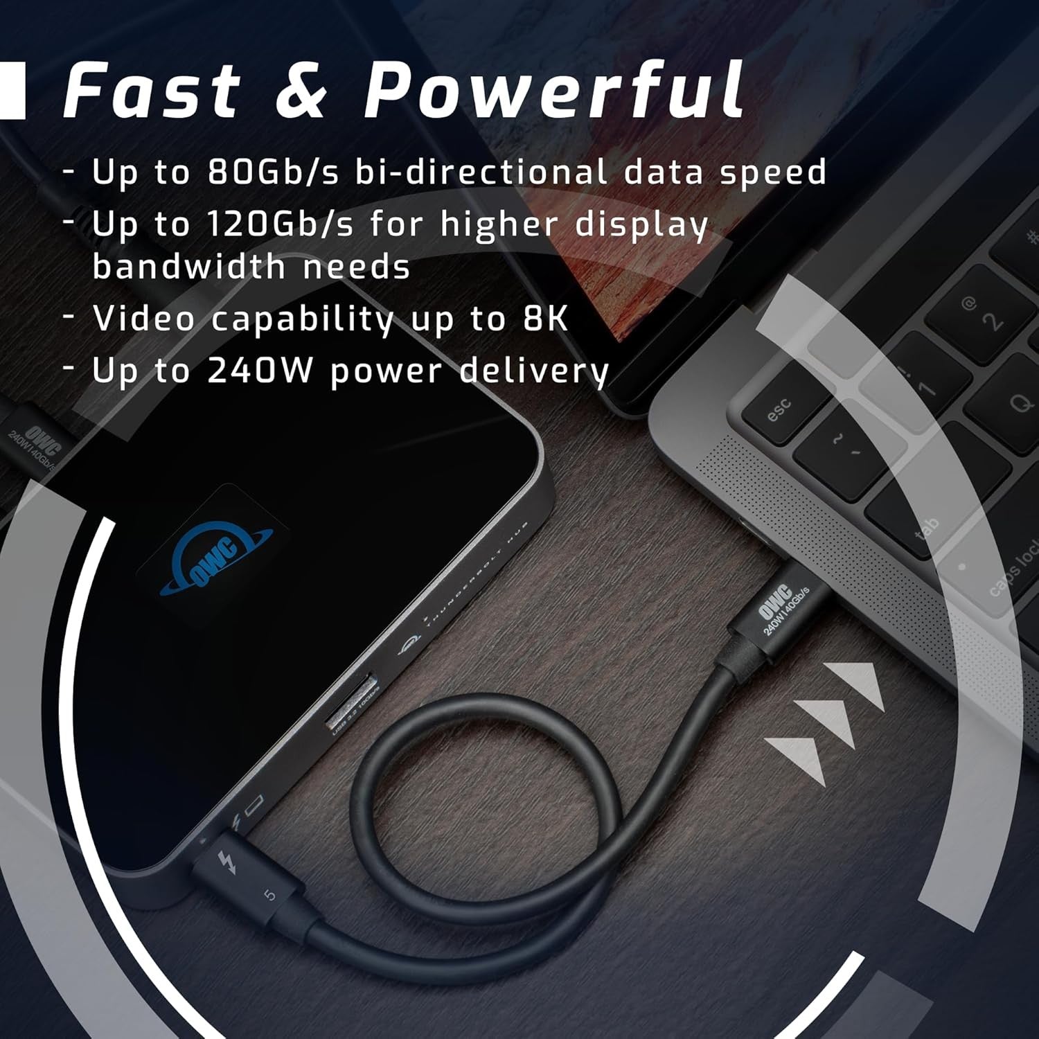 OWC 1m Thunderbolt 5 Certified USB-C kabel 120G 240W 8K60Hz Kompatibel med Thunderbolt 4, USB4 och USB-C, Svart