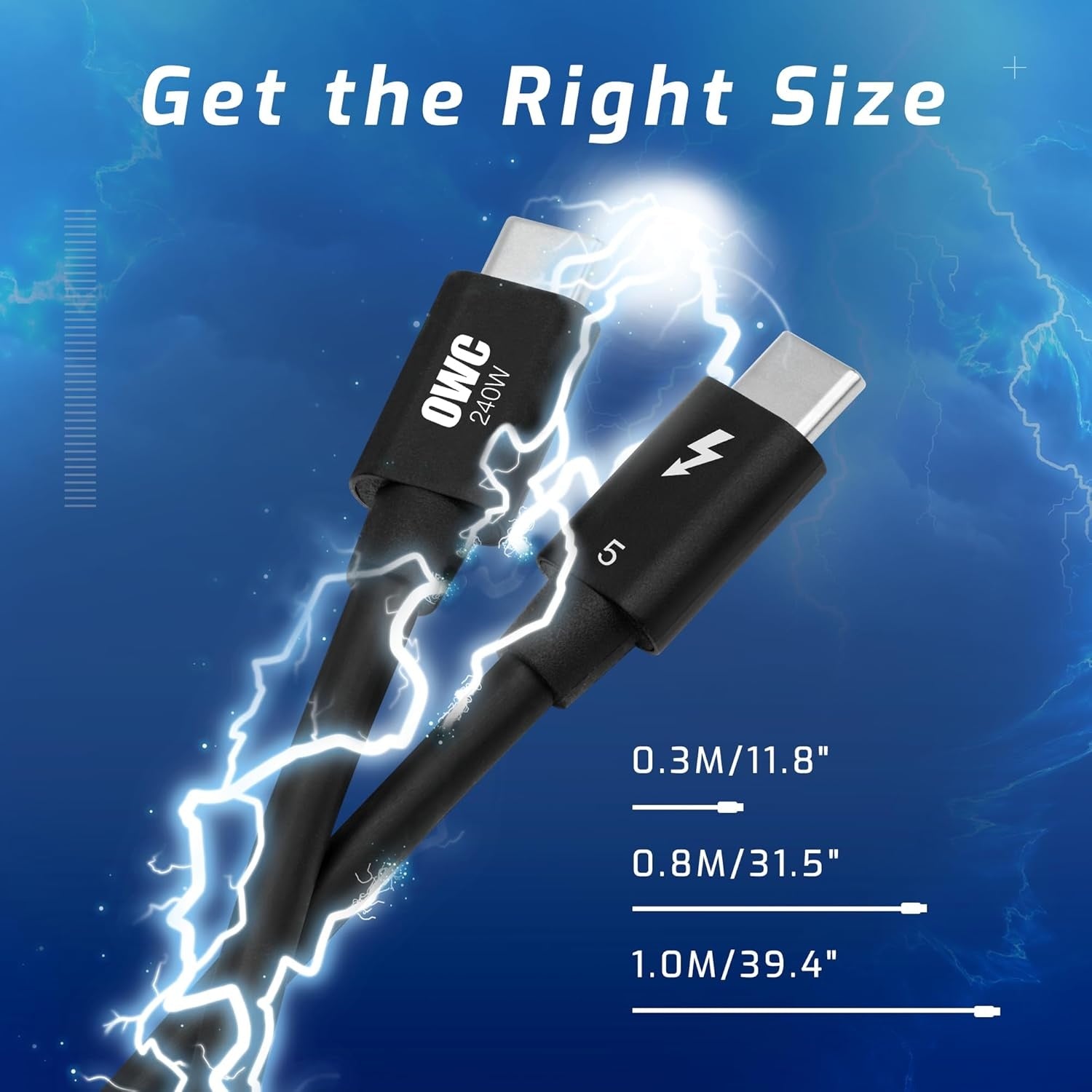 OWC 80cm Thunderbolt 5 Certified USB-C kabel 120G 240W 8K60Hz Kompatibel med Thunderbolt 4, USB4 och USB-C, Svart
