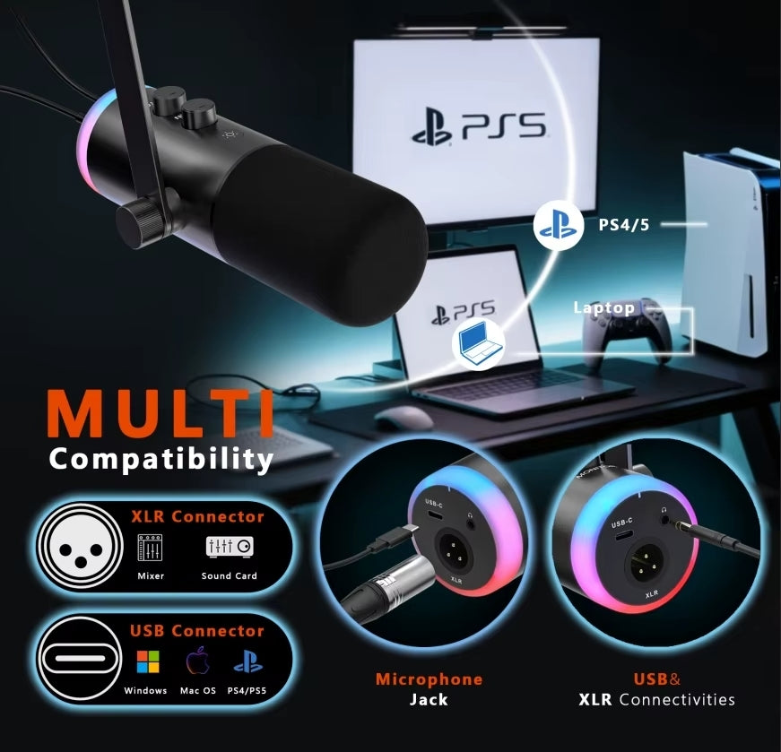 Professional RGB Dynamic Microphone  USB-C and XLR