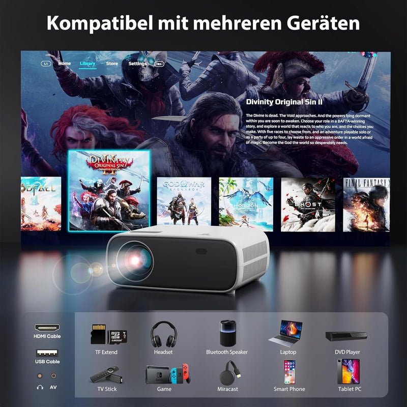 Projektor med WiFi och Bluetooth, 20 000 Lumen, 4K-stöd, Full HD 1080P-upplösning, stöd för Switch och PS5