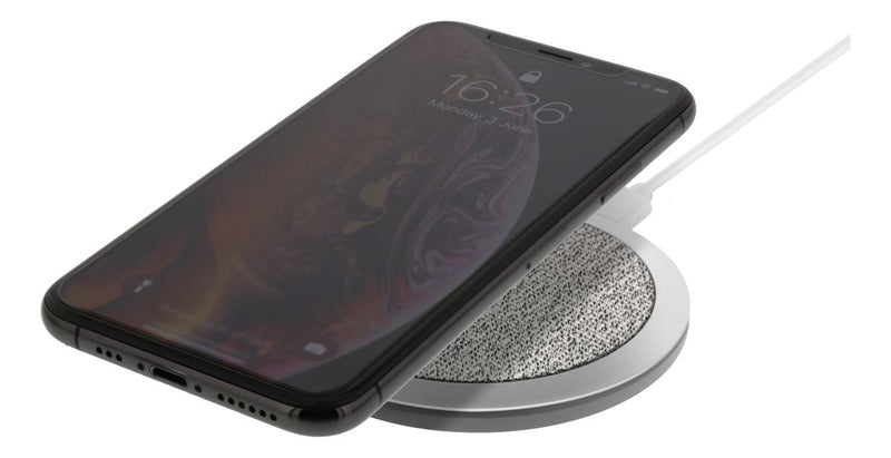 DELTACO Trådlös snabbladdare för iPhone och Android, 10W, tyg, Qi-certifierad, grå