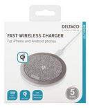 DELTACO Trådlös snabbladdare för iPhone och Android, 10W, tyg, Qi-certifierad, grå