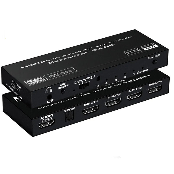 NÖRDIC HDMI2.0 Switch 4 till 1 med Audio Extractor och ARC, 4K60Hz, HDCP2.2, 7.1 Surround, RGB 8:8:8