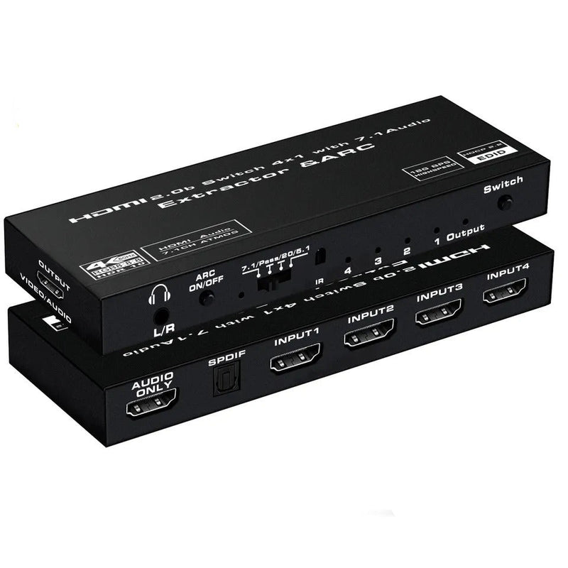 NÖRDIC HDMI2.0 Switch 4 till 1 med Audio Extractor och ARC, 4K60Hz, HDCP2.2, 7.1 Surround, RGB 8:8:8