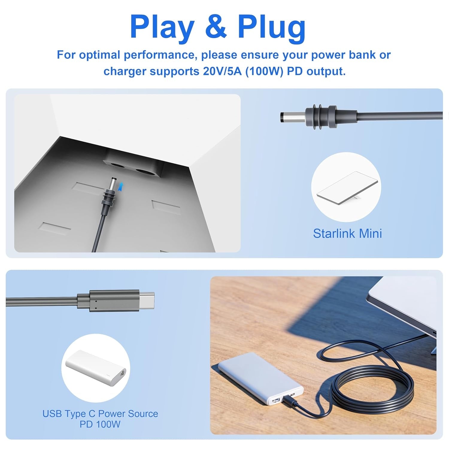 Starlink 2m Mini-kabel USB-C till DC Vattentät 100W Ingång Utomhus Camping Resa Arbete