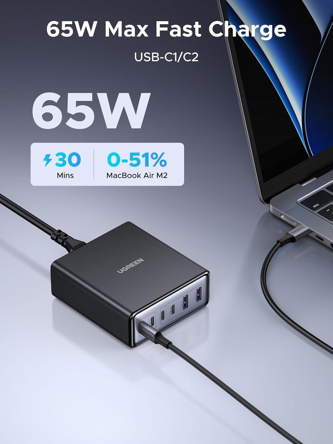 UGREEN 100W USB-C Laddstation, 6-Portars GaN Skrivbordsladdare med 4 USB-C & 2 USB-A, Smart Strömfördelning
