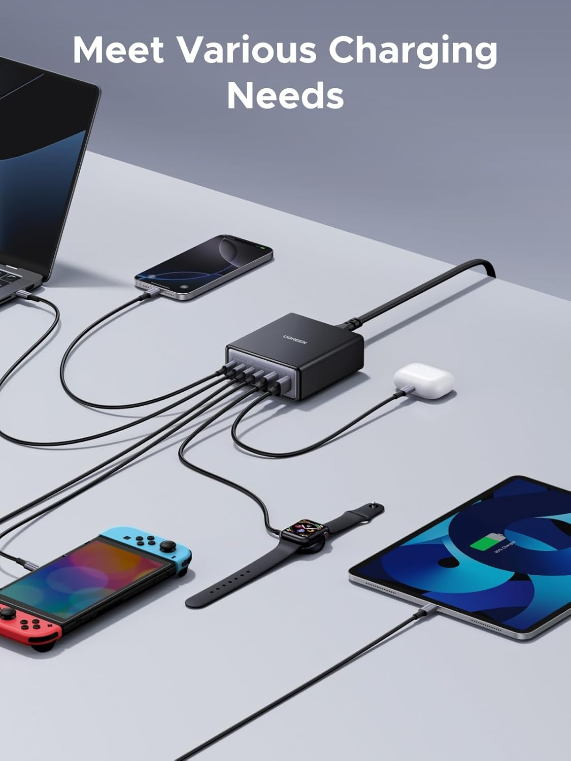 UGREEN 100W USB-C Laddstation, 6-Portars GaN Skrivbordsladdare med 4 USB-C & 2 USB-A, Smart Strömfördelning