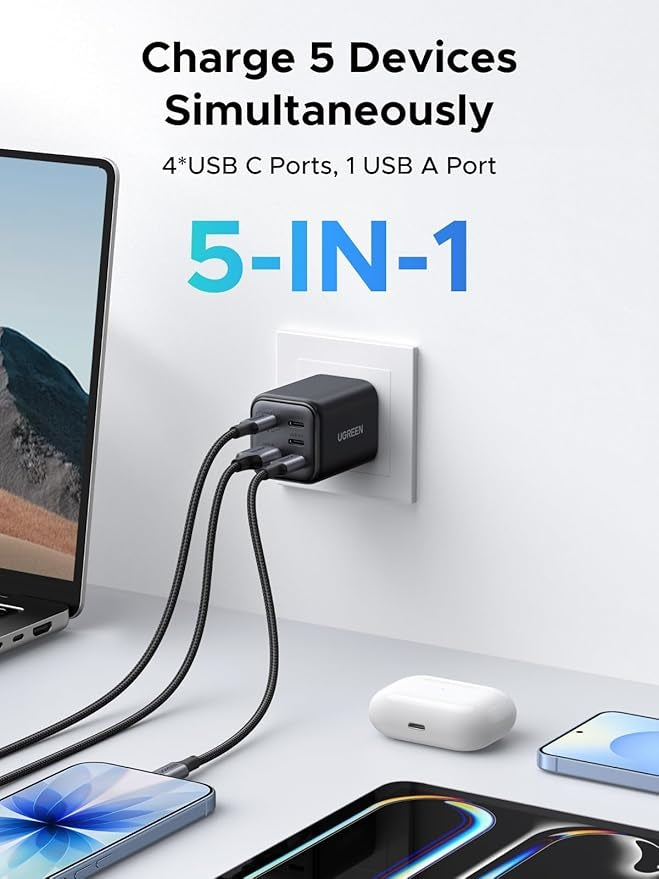 UGREEN 5-portars 45W USB-C snabbladdare med GaN, PD/PPS/QC och 4 USB-C-portar för iPhone 17/16/15, Galaxy S26/S25/S24/S23, iPad, MacBook Neo/Air