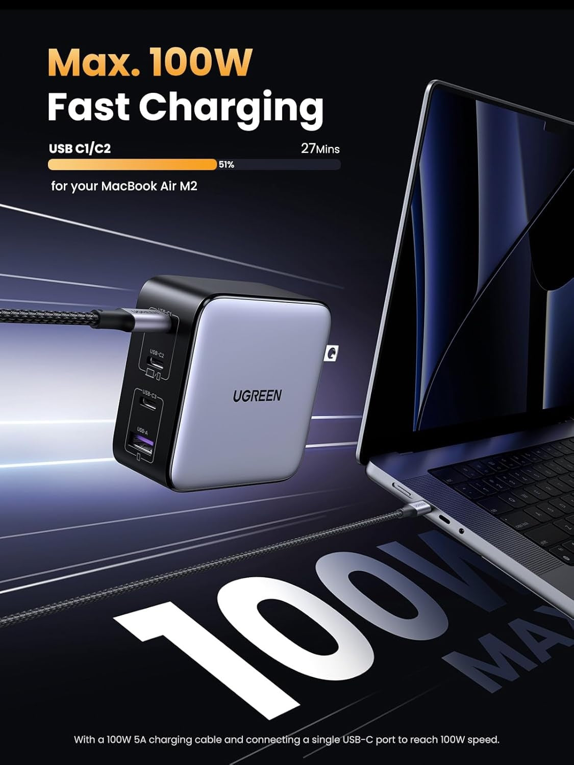 UGREEN Nexode 100W GaN USB-C 4-portars laddare, för MacBook Pro/Air, iPad Pro, iPhone 17/16/15-serien, Galaxy S25/S24, Pixel 10/9, Steam Deck, Pixelbook