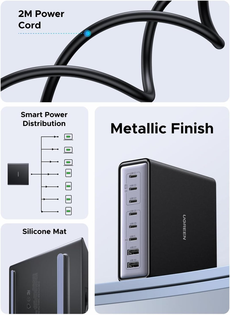 UGREEN Nexode 200W GaN USB C Laddningsstation, 8-Ports Bords Laddare med PD 100W