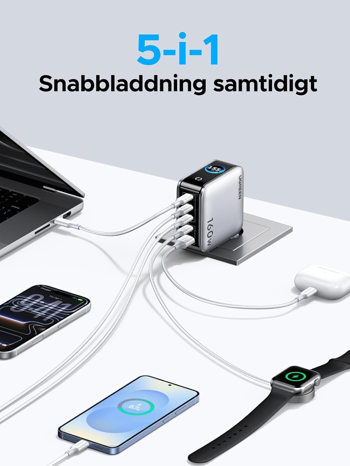 UGREEN Nexode Pro 160W USB-C laddare med 5 portar, 4xUSB-C + 1xUSB-A, Smart-Display och Touchkontroll