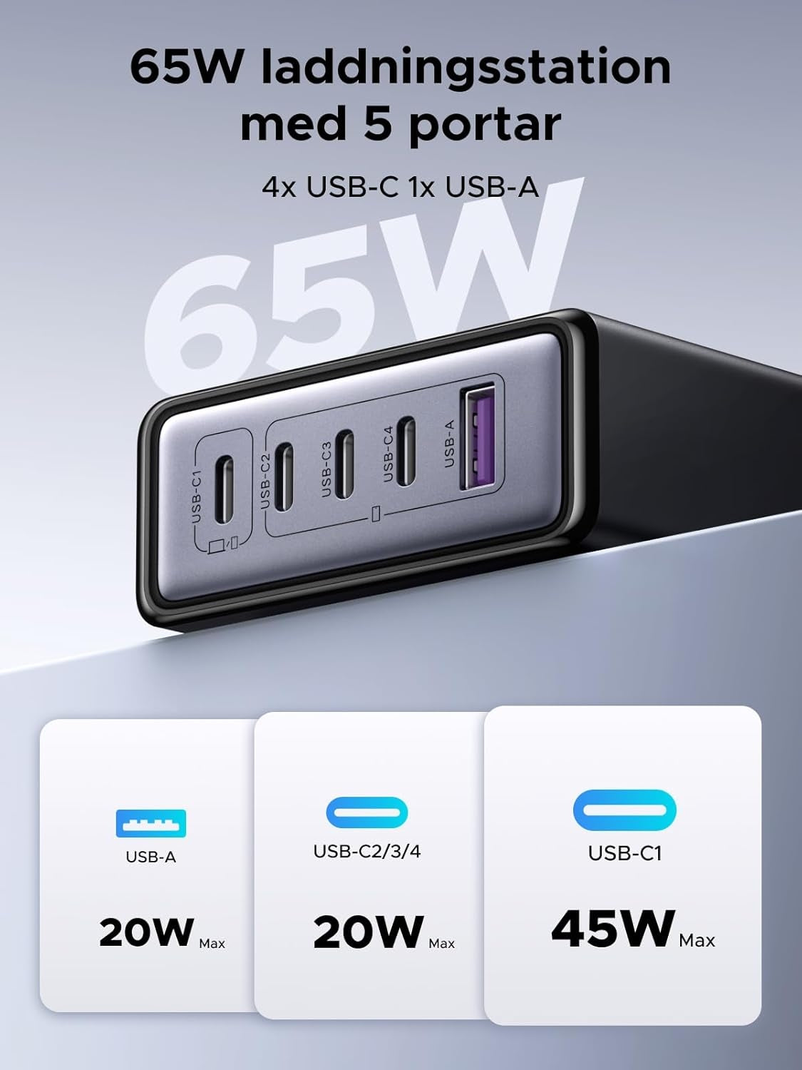 UGREEN USB-C Charger 65W GaN 5-Port Desktop Charging Station PPS Fast Charger