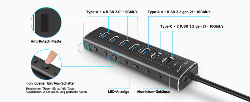 NÖRDIC GEN 3.2 USB-C och USB-A powered Hubb 7ports 3x10Gbps 4x5Gbps 1m kabel